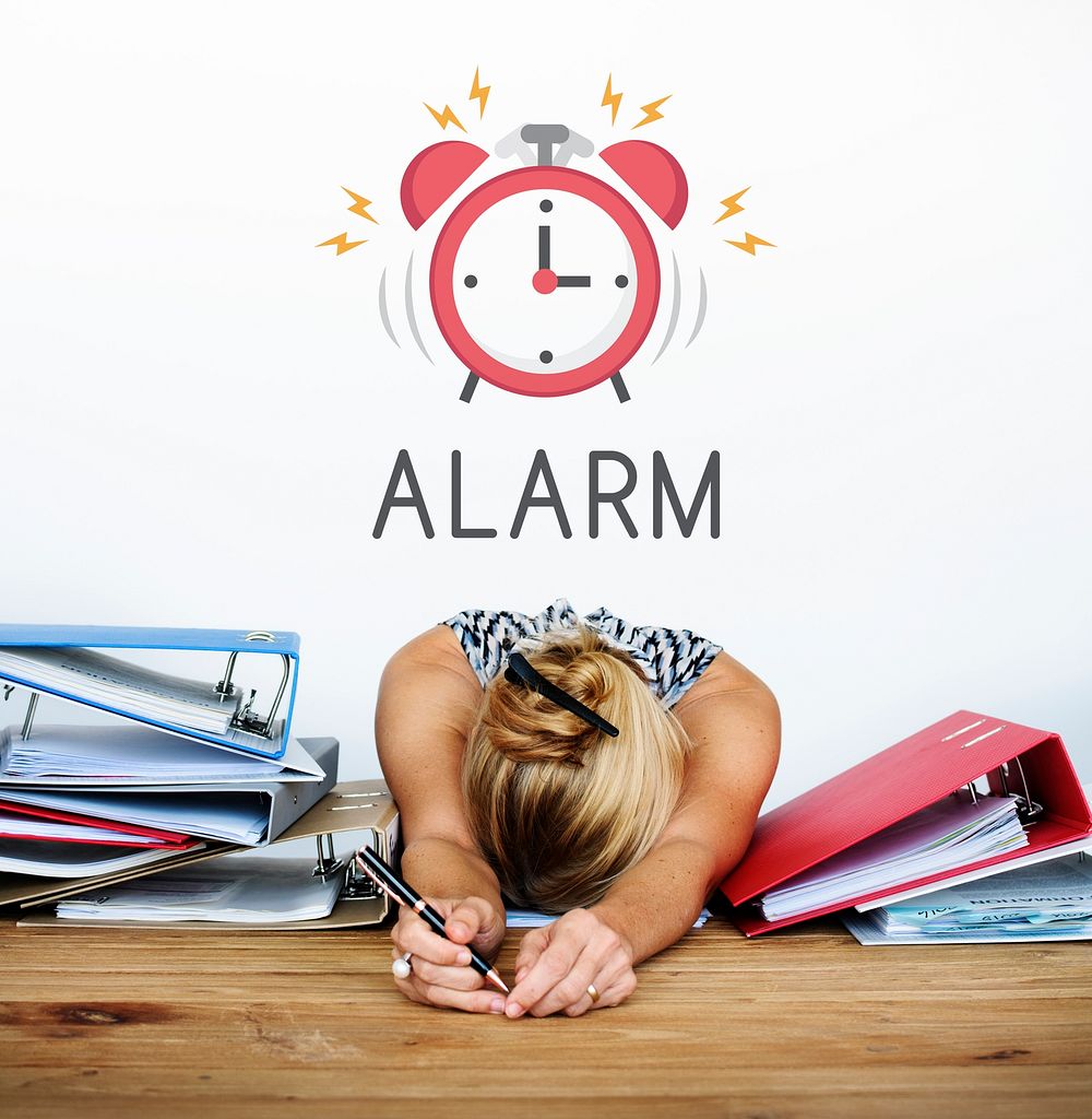 illustration of alarm clock wakes tired woman up