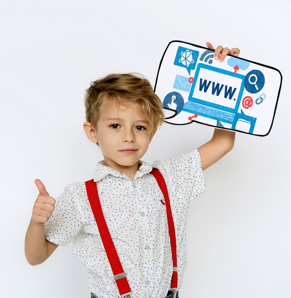 Boy holding network graphic overlay banner