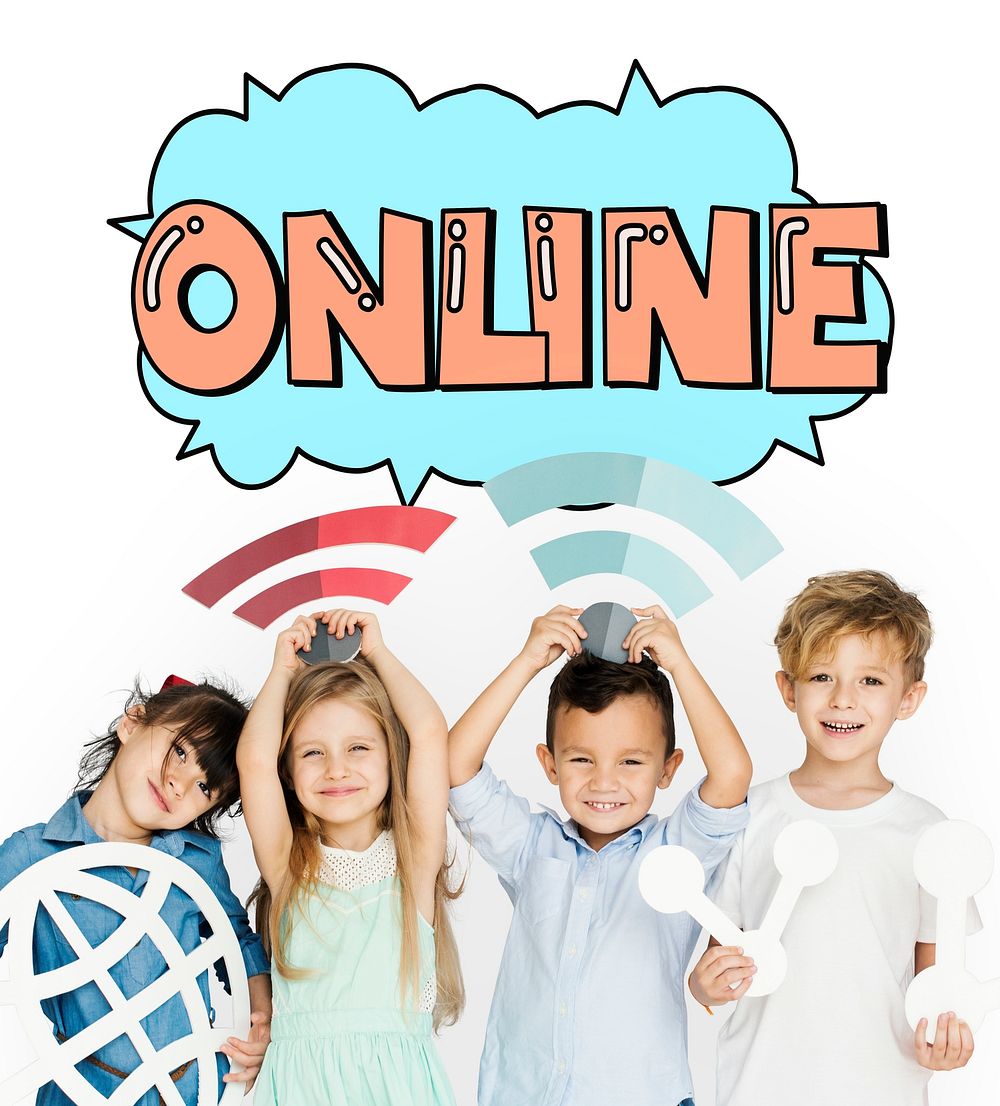 Children holding network graphic overlay banner