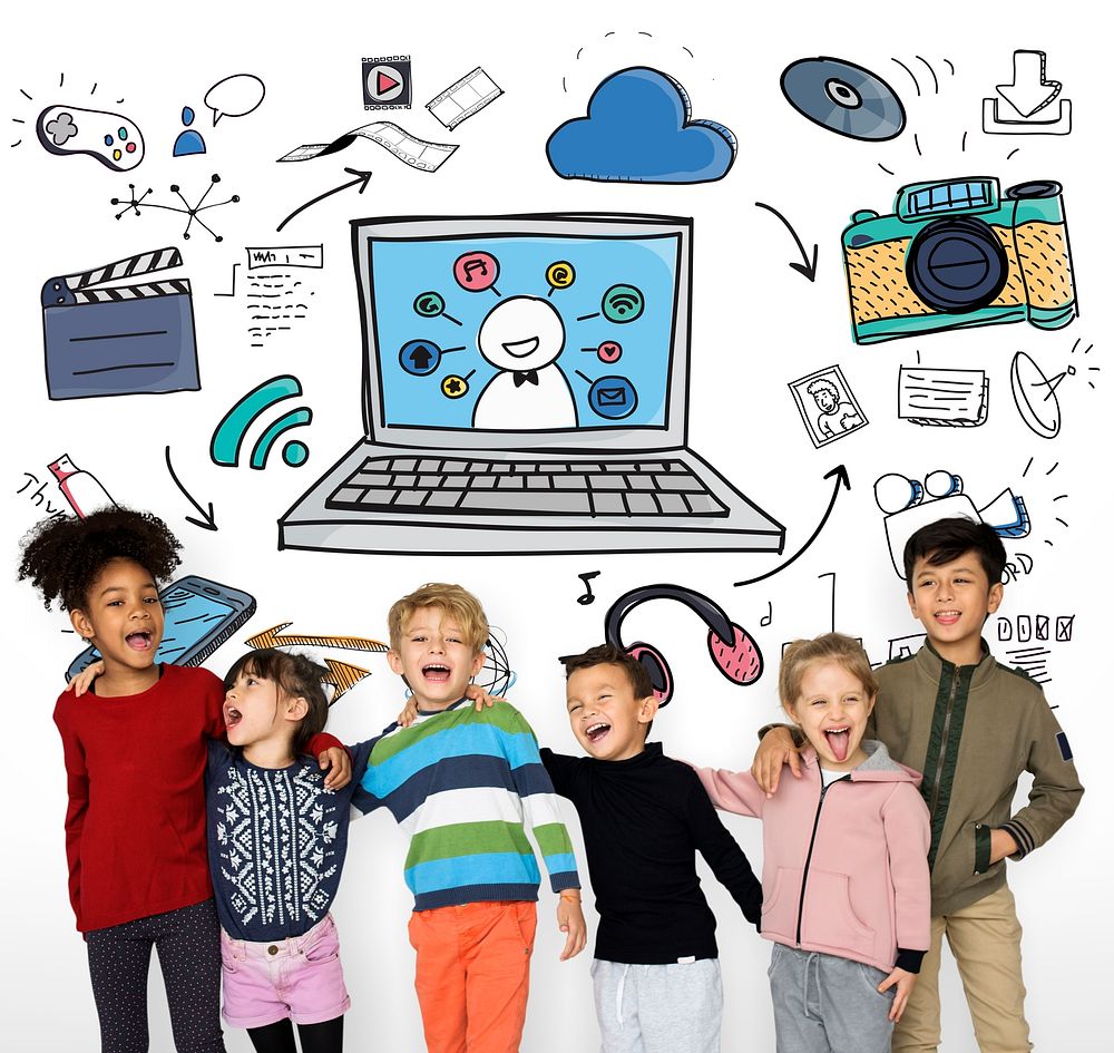 Children with modern technology icons