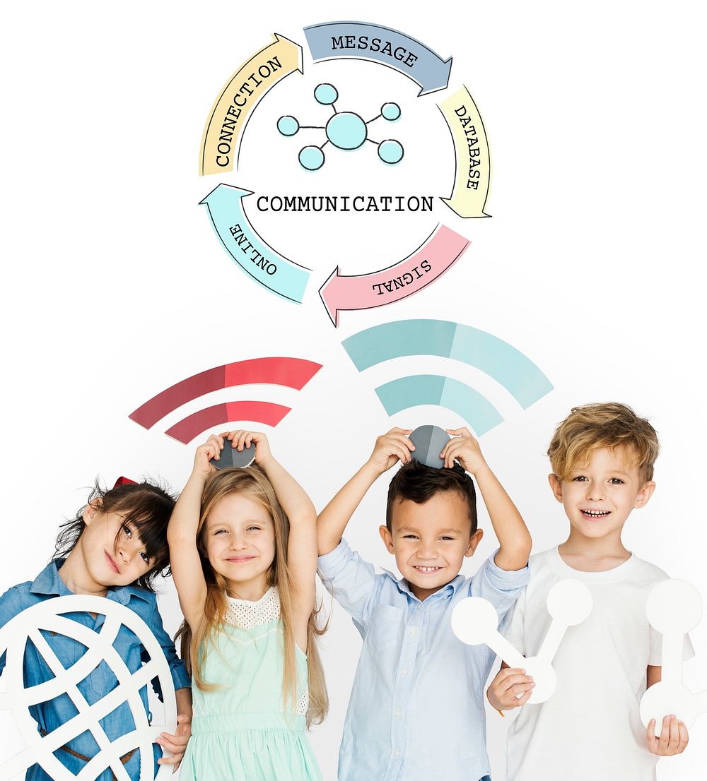 Children holding banner network graphic overlay background