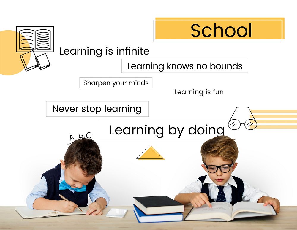 Kids classmates studying with education word graphic