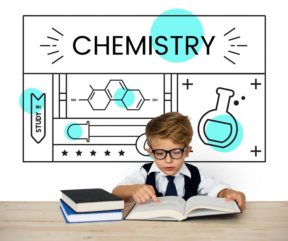 Little kid with illustration of science chemistry experiment study