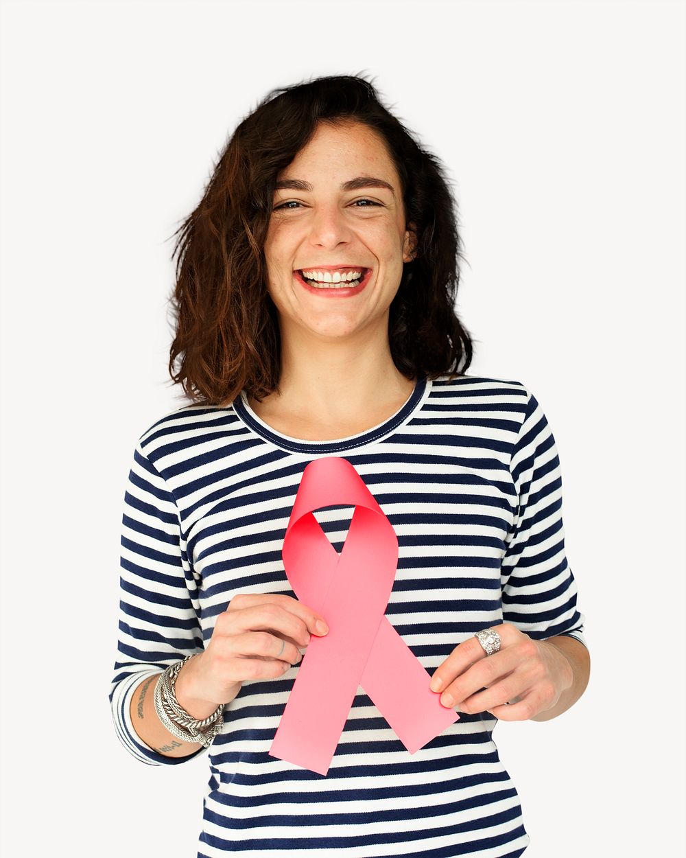 Woman holding pink ribbon, cancer awareness photo