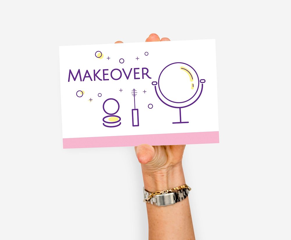 Hand holding illustration of beauty cosmetics makeover skincare banner