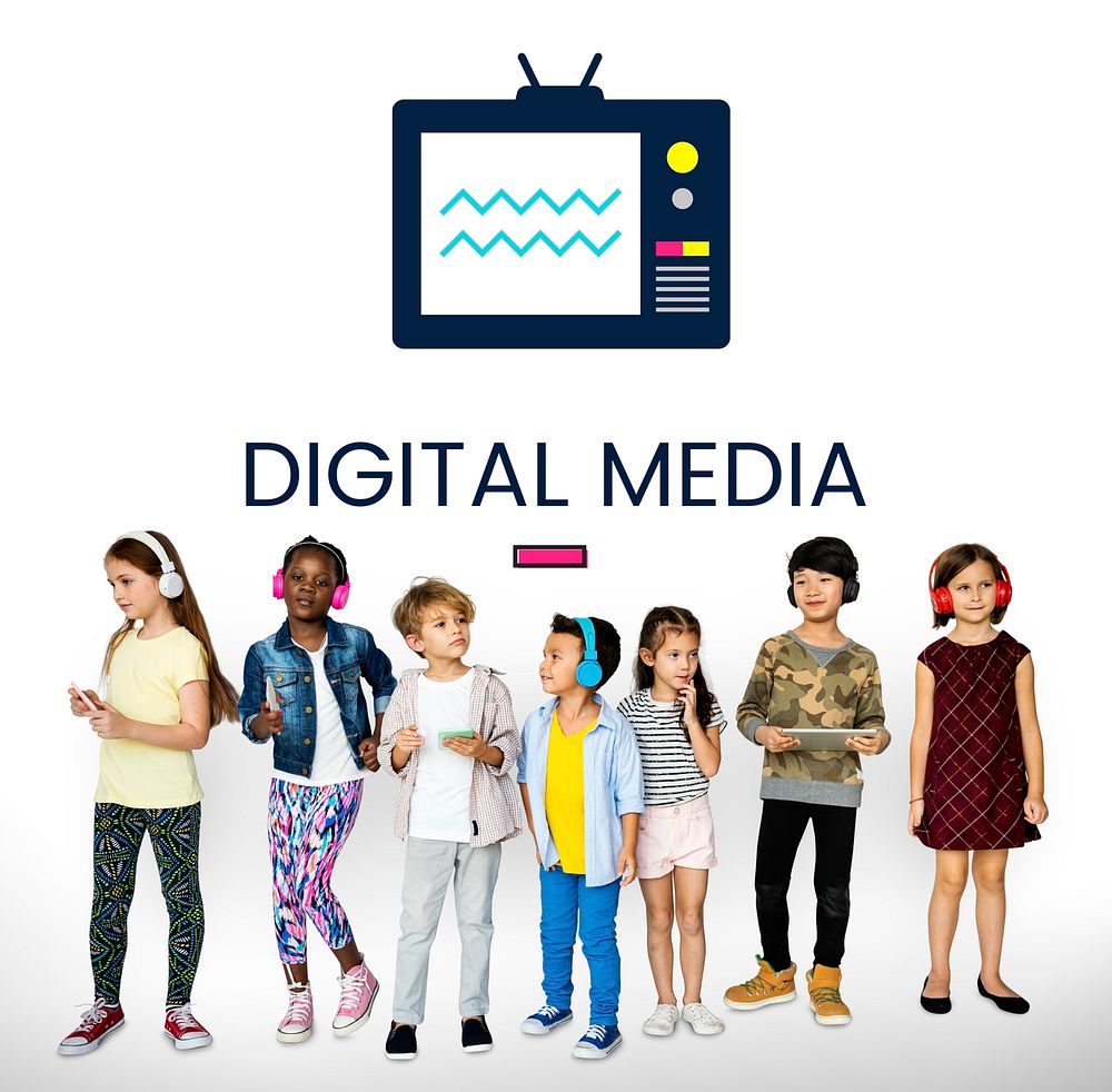 Children with illustration of TV broadcast media entertainment