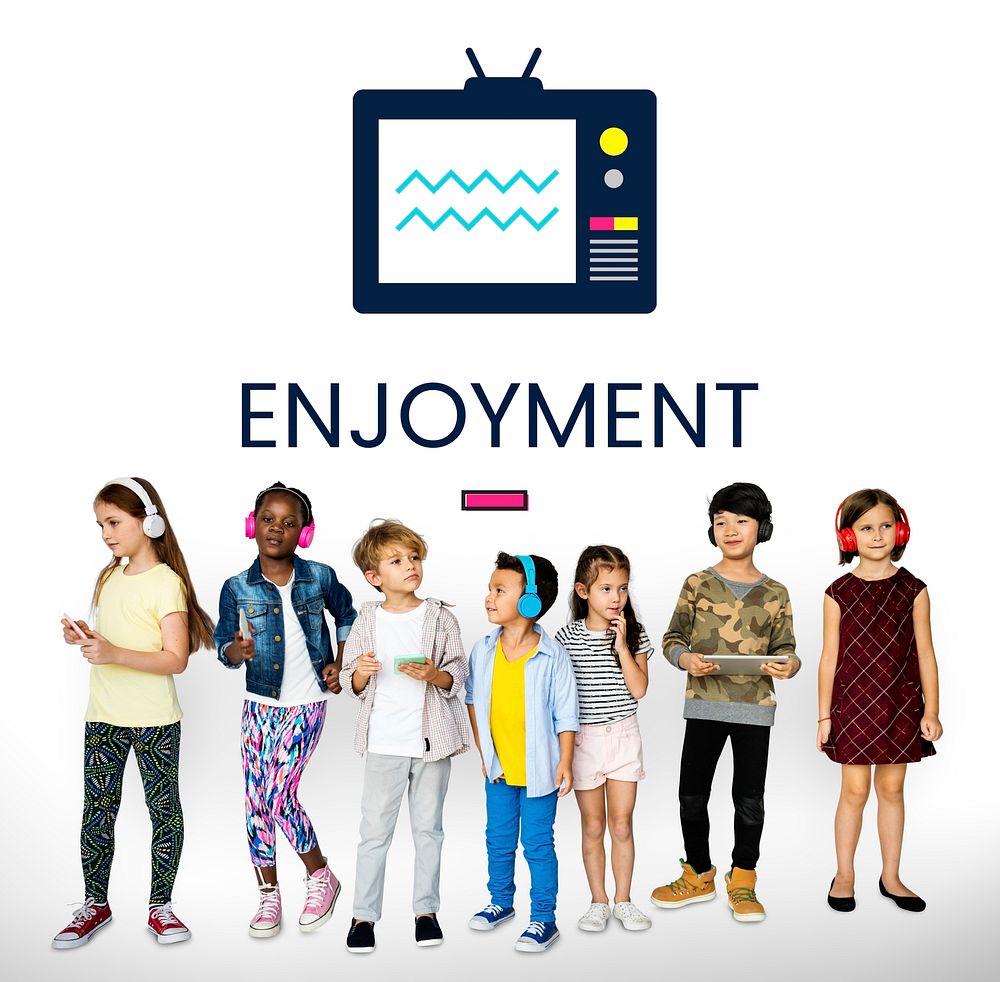 Children with illustration of TV broadcast media entertainment