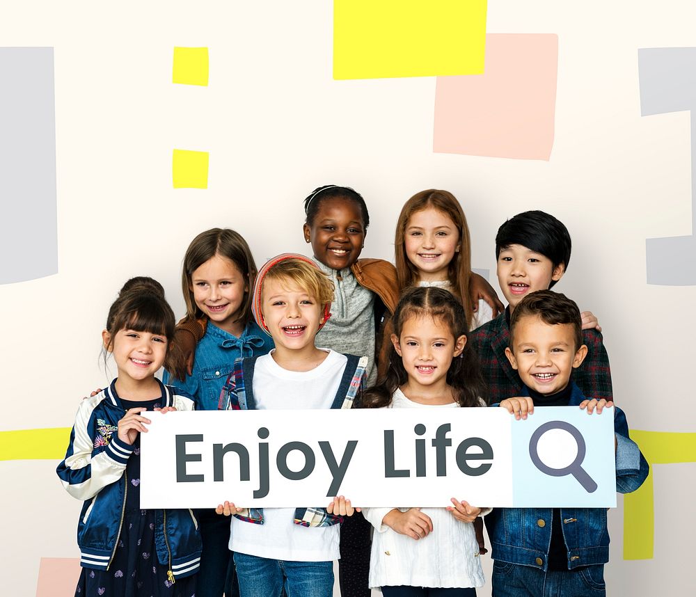Children with searching banner for positivity and enjoy life
