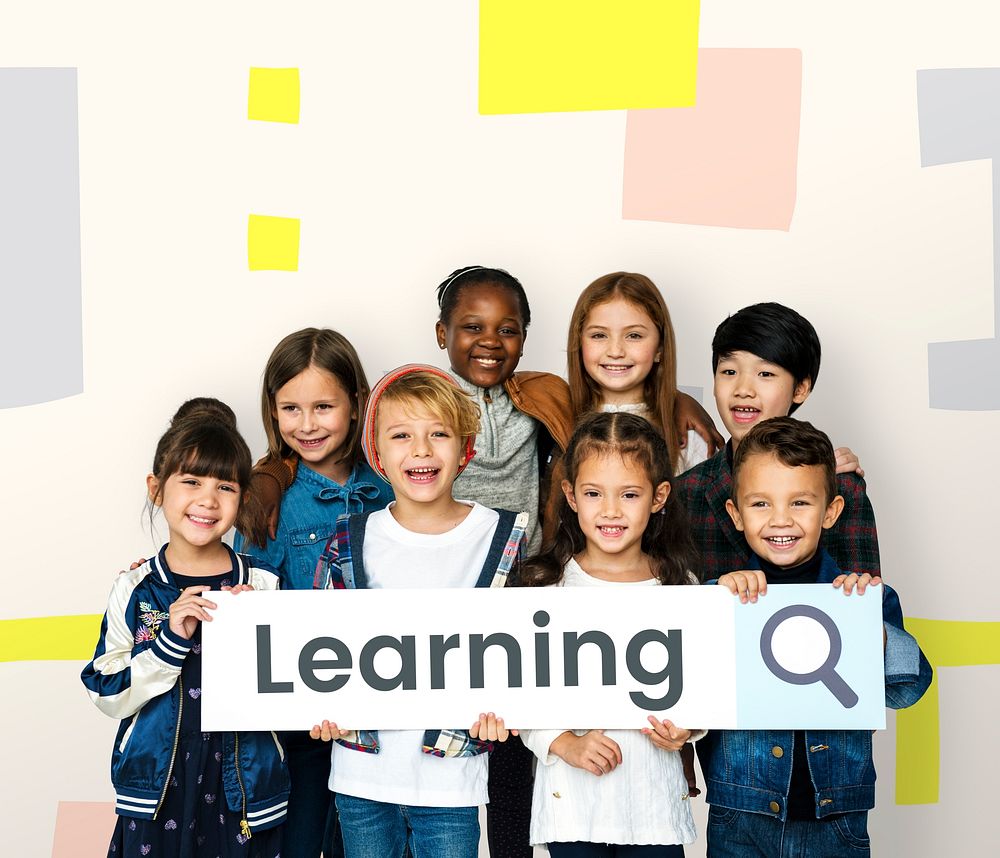 Children with searching banner for education learning