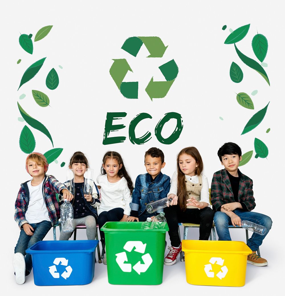 Little Kids with Recycle Sign Eco Friendly Save Earth Word Graphic