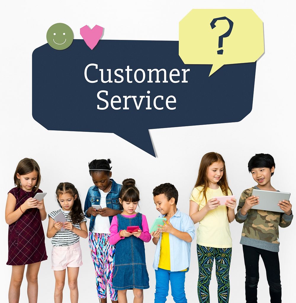 Kids using digital devices with speech bubble customer support