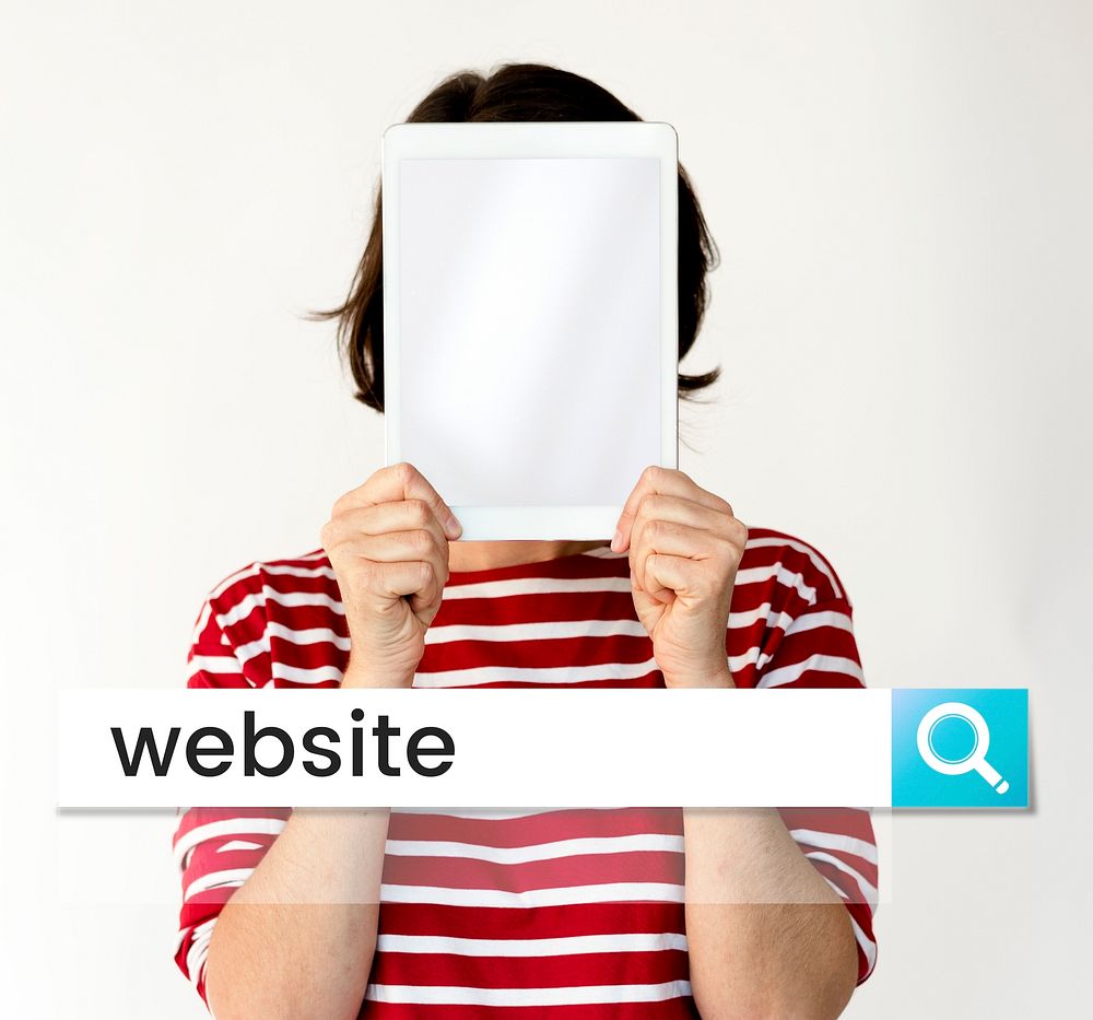 Woman holding digital device covering face network graphic
