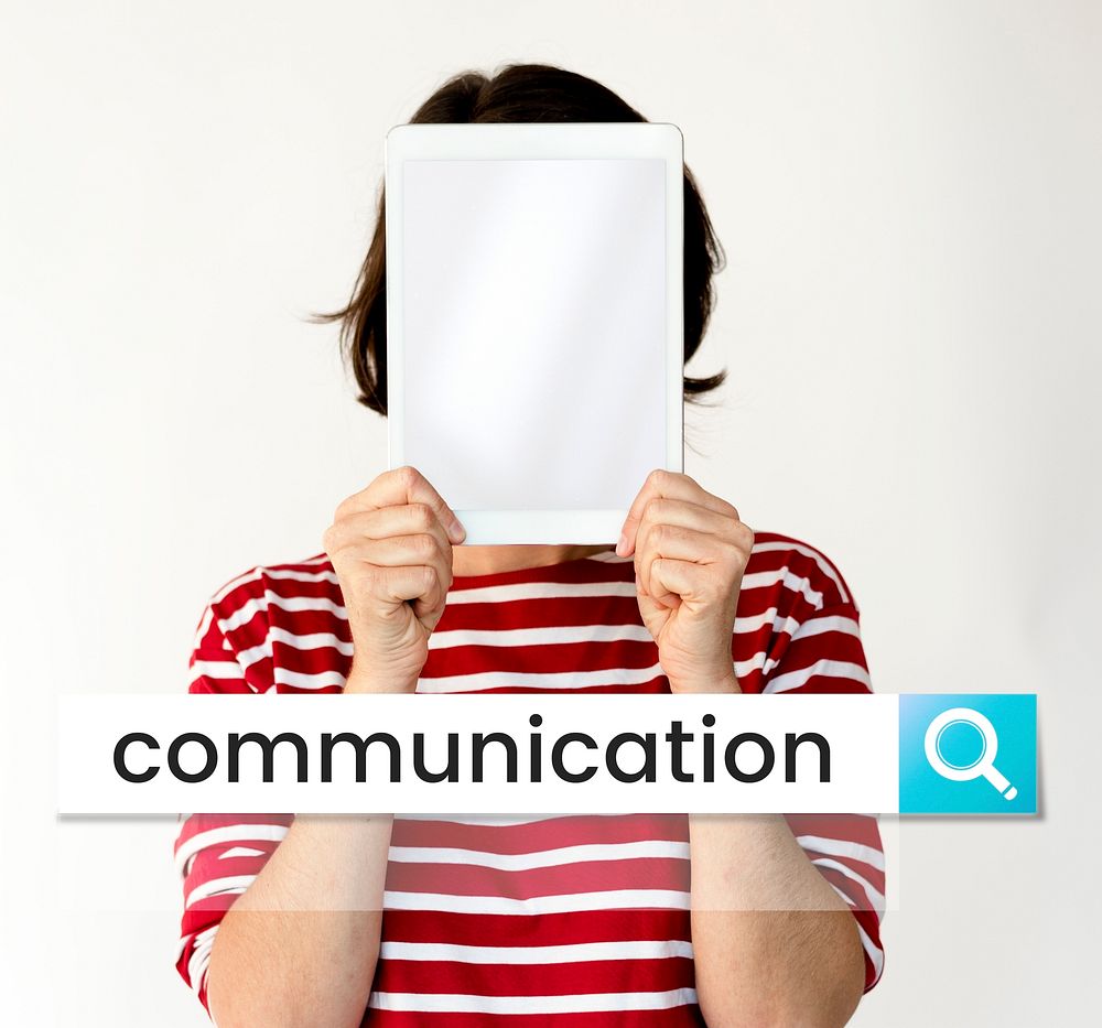Woman holding digital device covering face network graphic