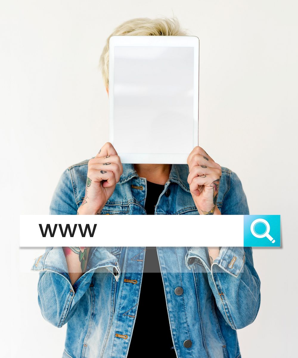 Hands holding digital device covering face network graphic