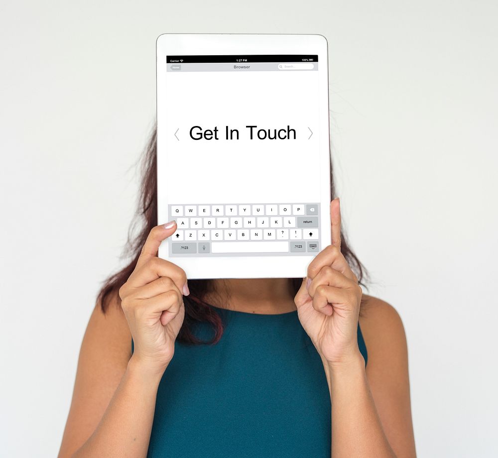 Woman holding network graphic overlay digital device covering face