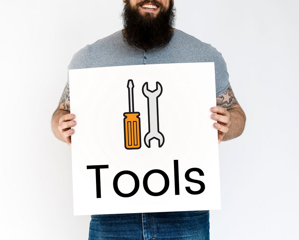 People holding placard maintenance tools kit icon graphic