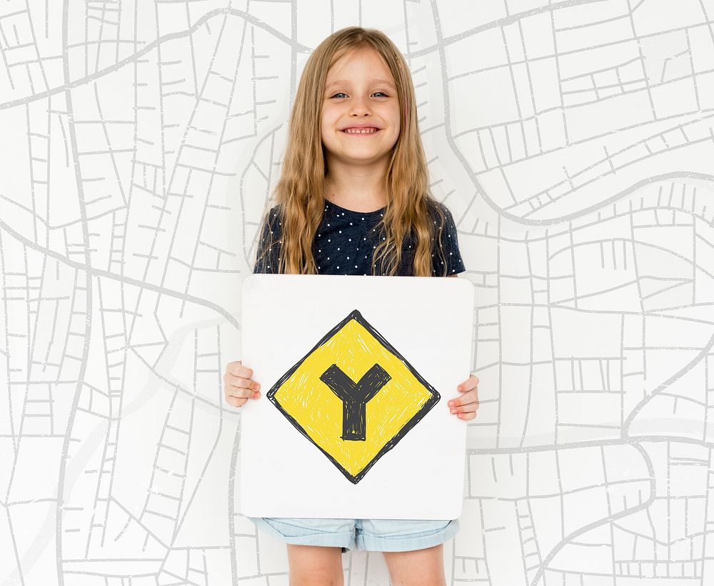 Young girl holding network graphic overlay banner