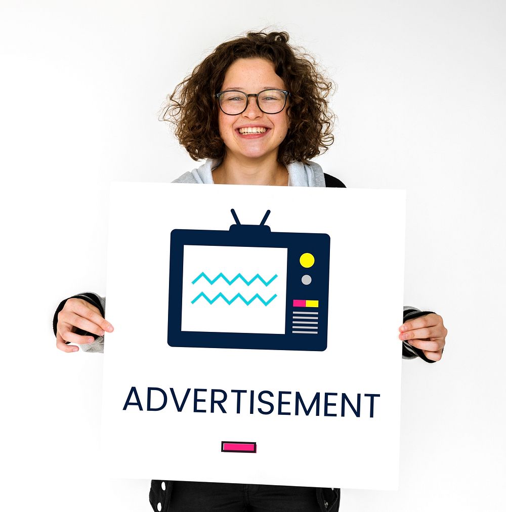 Girl holding banner of TV broadcast media entertainment