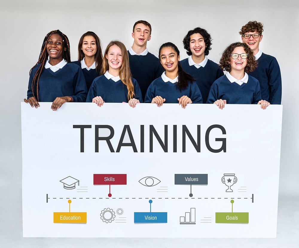 Students holding network graphic overlay billboard together