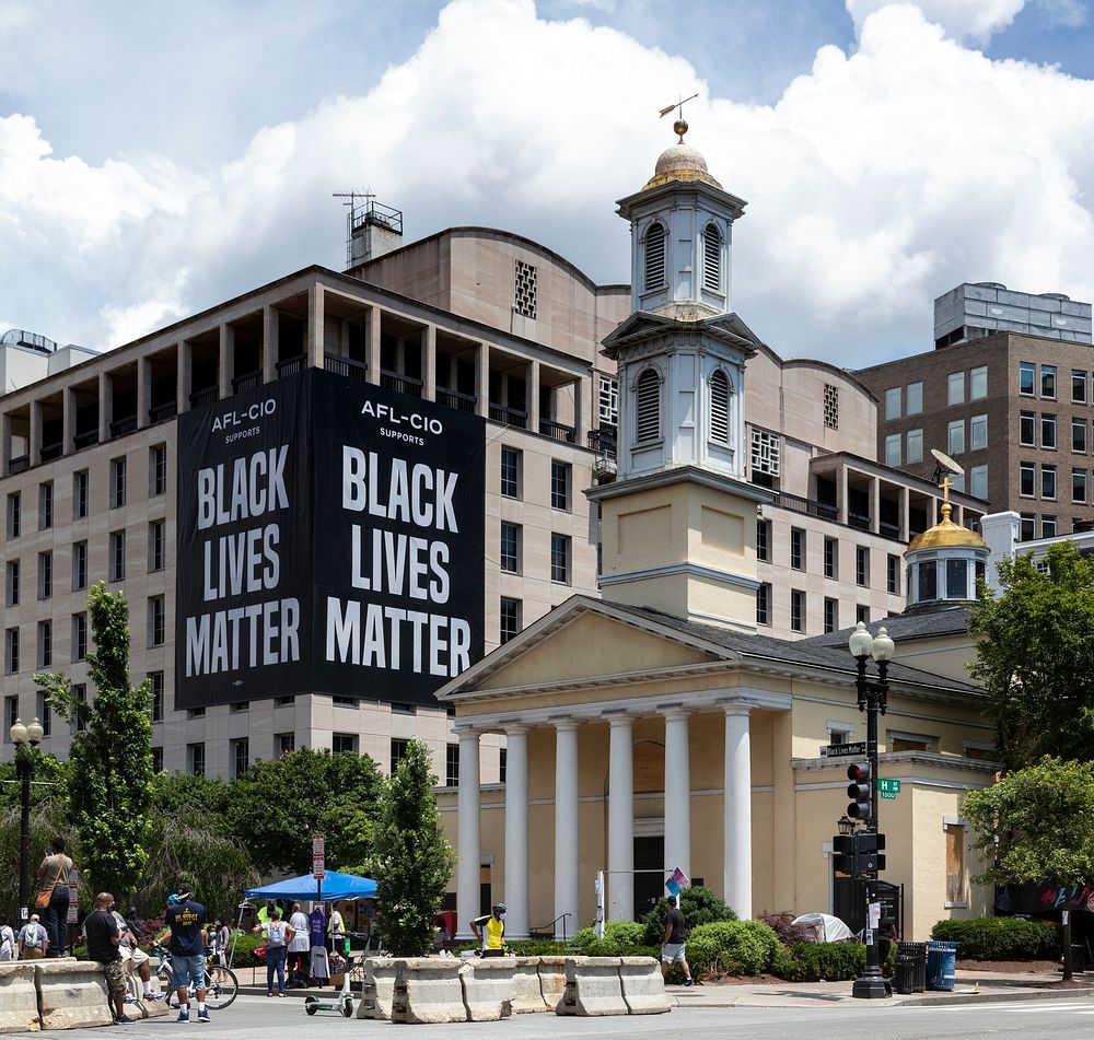                         Black Lives Matter sign next to St. Johns Church on Black Lives Matter Plaza                        