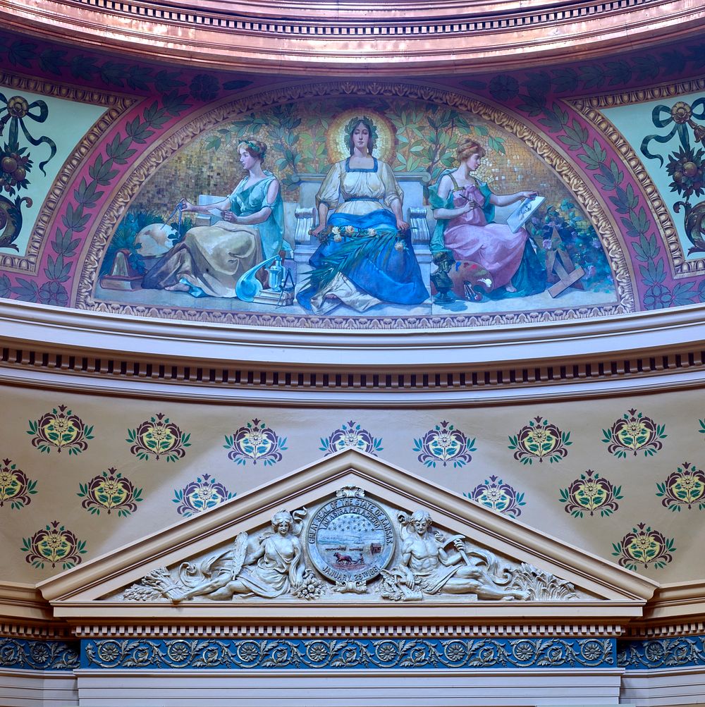                         One of Abner Crossman's murals on the inner rim of the rotunda of the Kansas Capitol, often called…