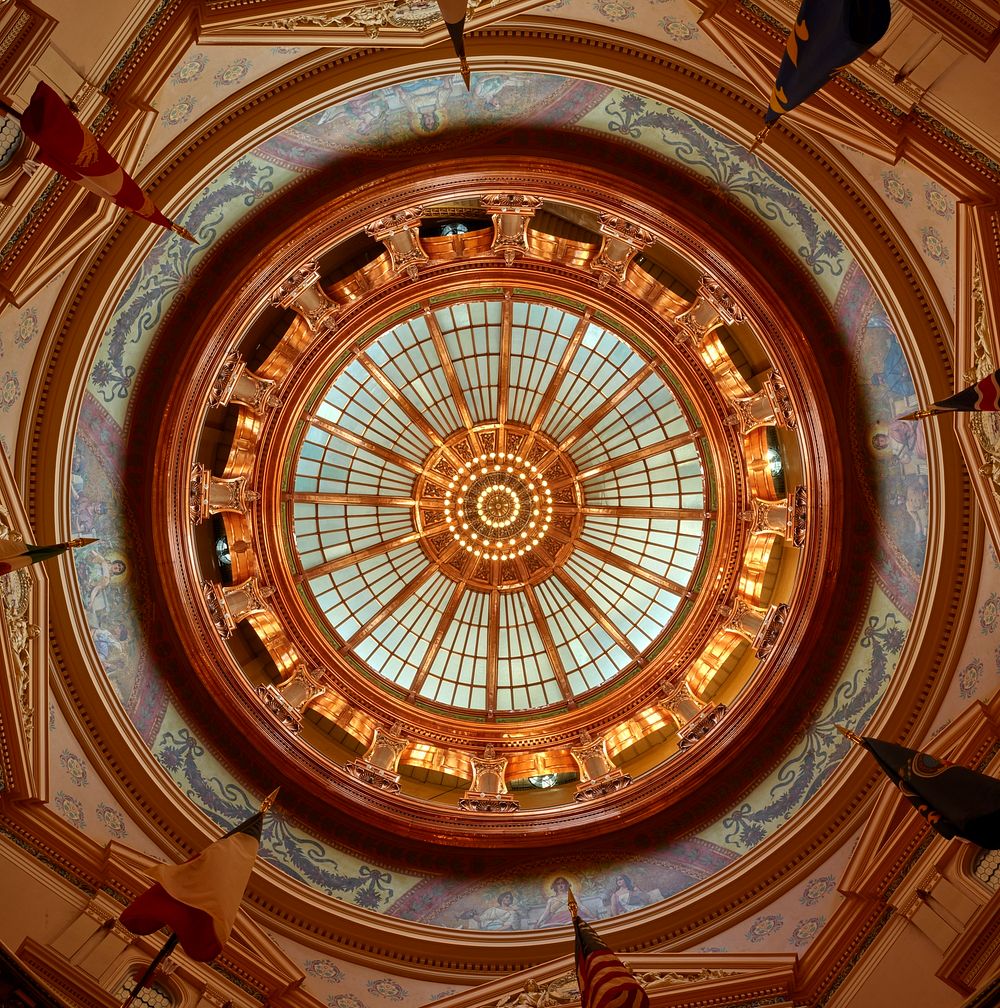                         The striking ceiling of the rotunda, surrounded by Abner Crossman's circle of murals, inside the…