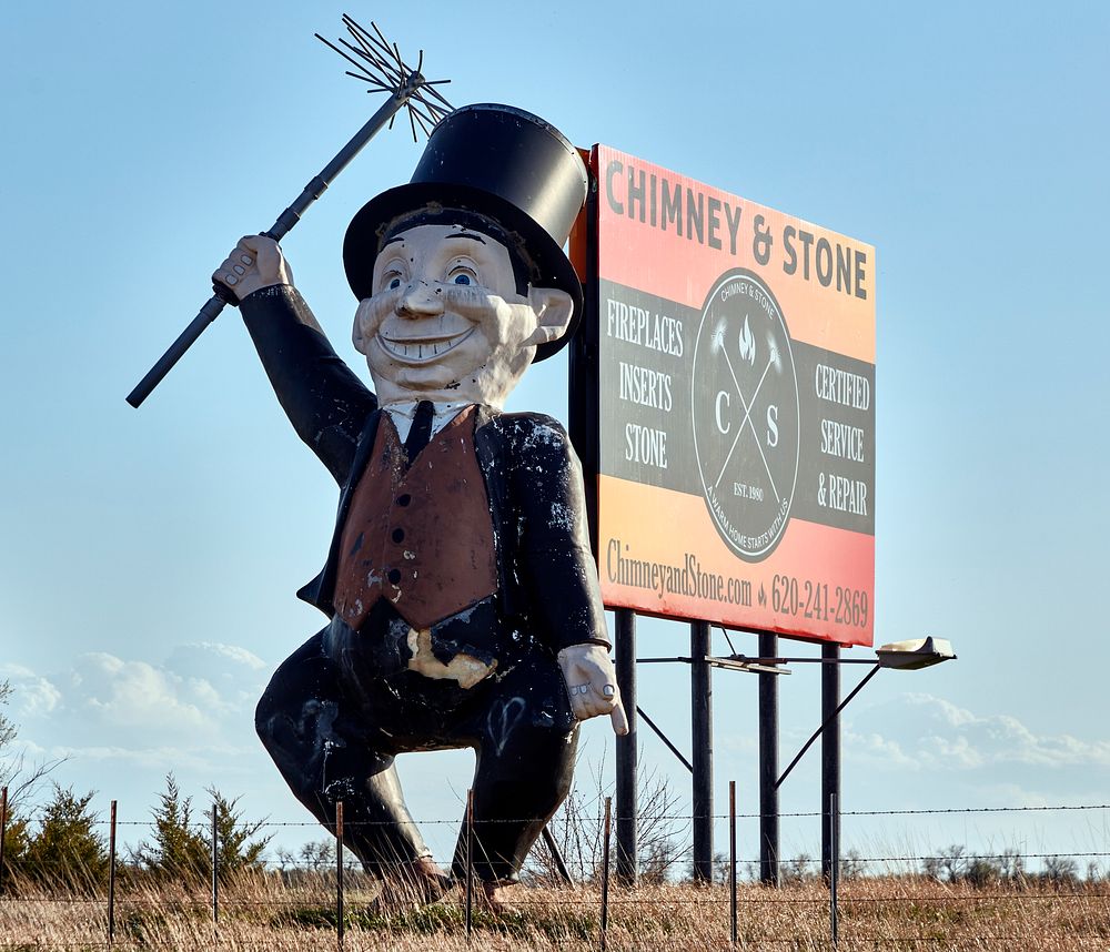                         This roadside fellow advertises a chimney and stone business in McPherson, Kansas                   …