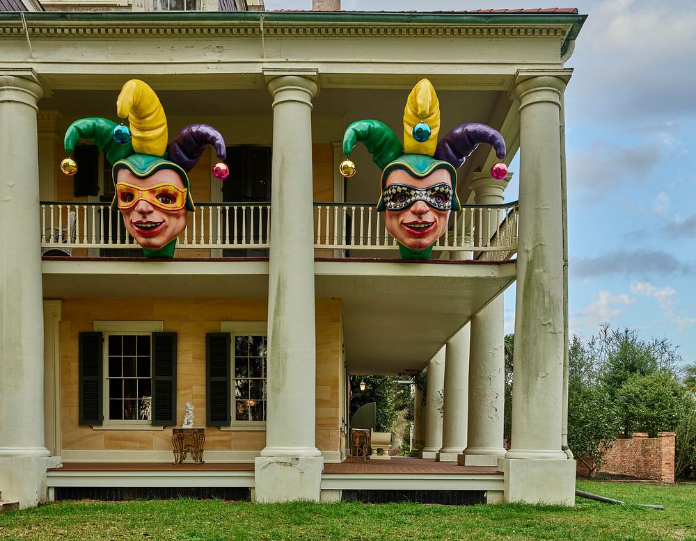                        A portion of the manor home, decked out for Mardi Gras, at the Houmas House and Gardens, a sugar…