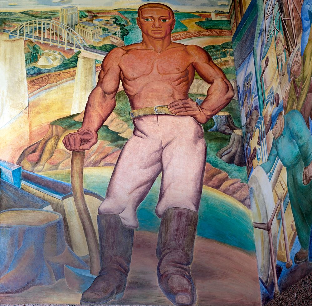                         One of four immense frescoes by Conrad Albrizio representing the industries of south and north…