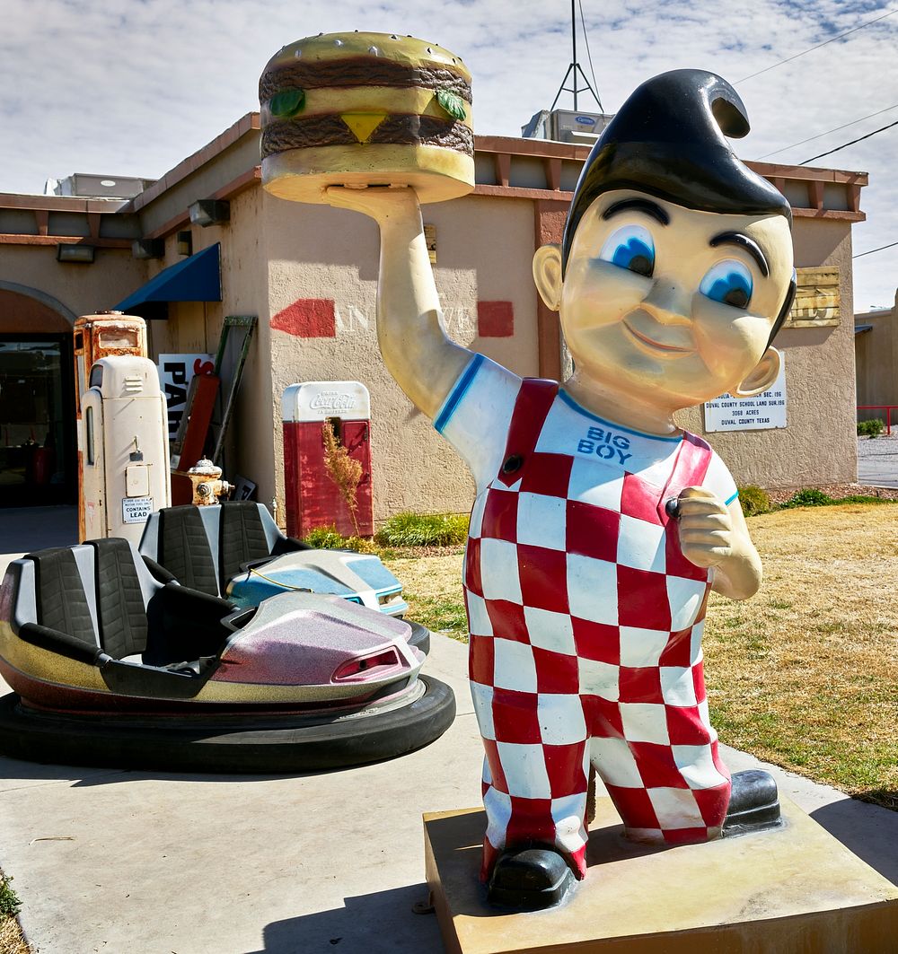                         Old gas pumps, amusement-ride bumper cars, and the Big Boy restaurant advertising symbol keep…