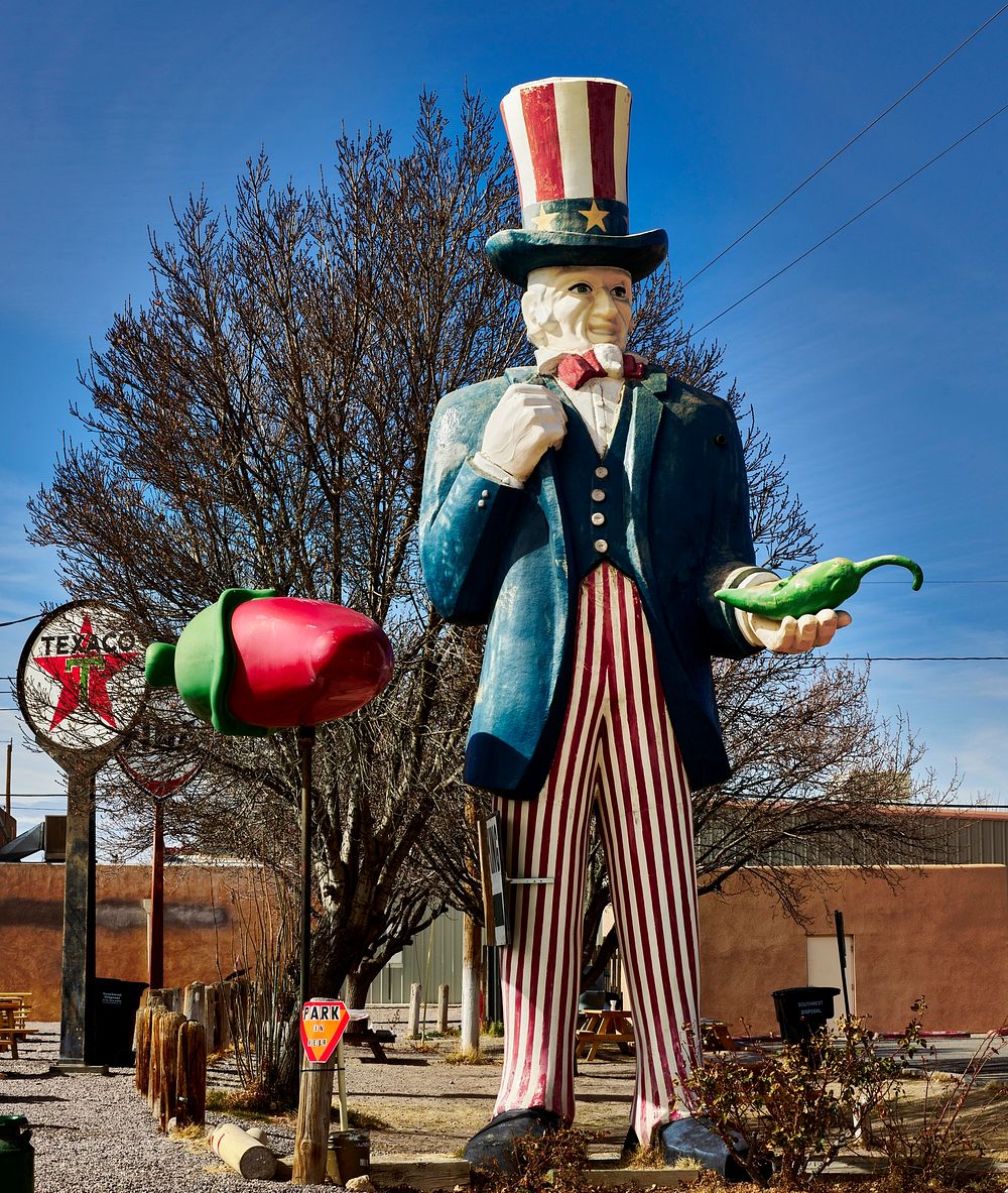                         An oversized Uncle Sam, here as a hot-pepper fan, at Sparky's Burgers & BBQ (barbecue), a must-see…
