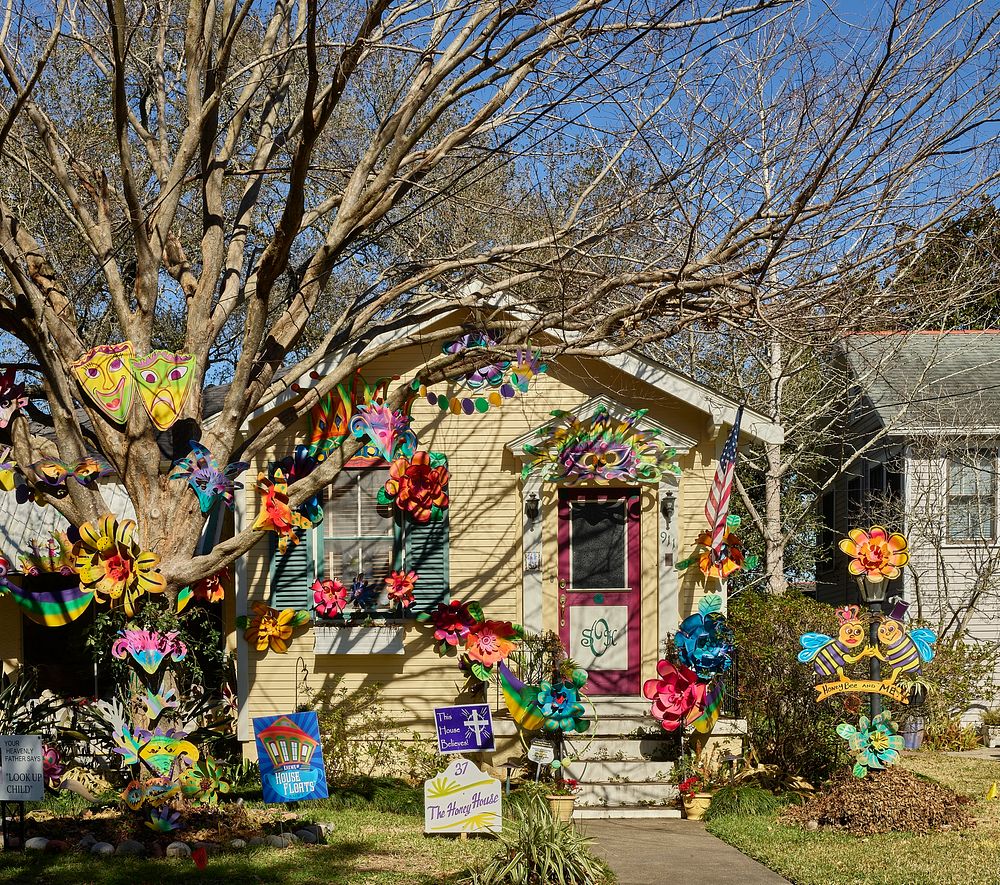                         Flower- and bee-themed decorations usually mounted on parade floats for the annual Mardi Gras…