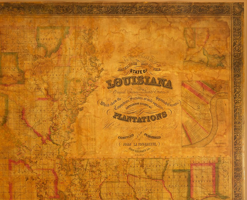                         A portion of John La Tourrette's historic (and giant) 1848 reference map of Louisiana showing land…