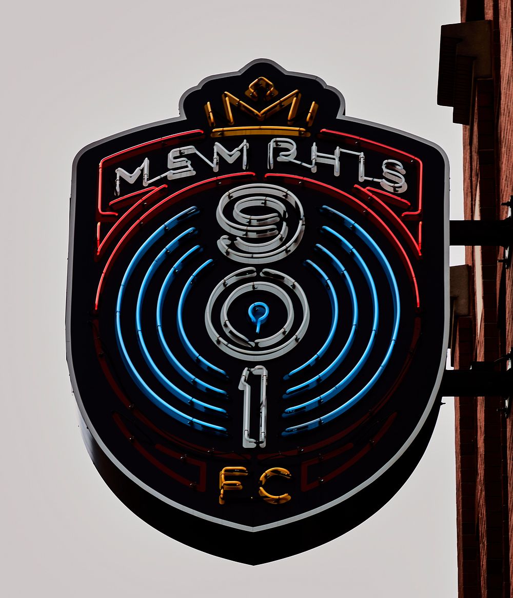                         Neon sign for the Memphis 901 FC soccer club (the team uses FC for "football club," more familiar…