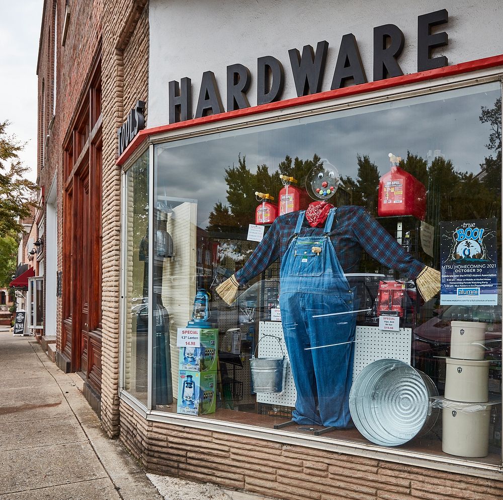                         Store window at Holden's Hardware in downtown Murfreesboro, Tennessee, a small city about 35 miles…