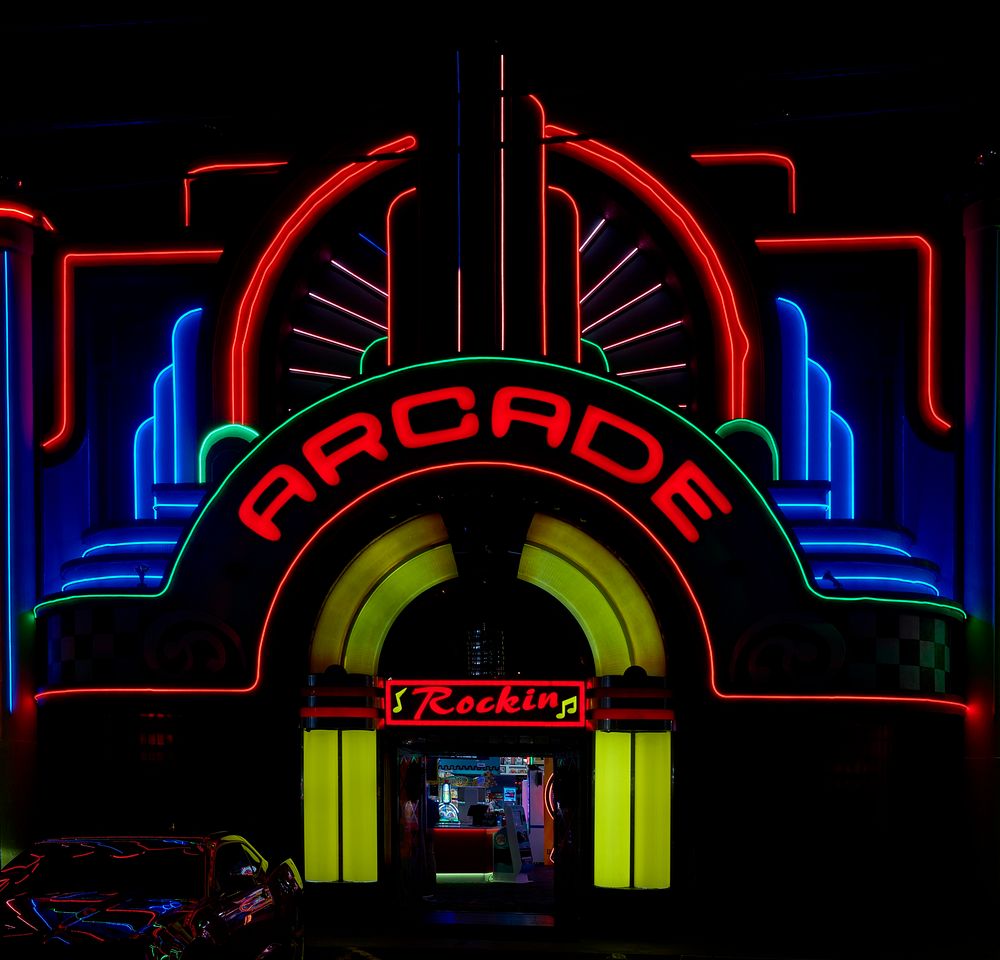                         Brilliant neon attracts players to the Rockin' game arcade in Pigeon Forge, a former sedate farming…