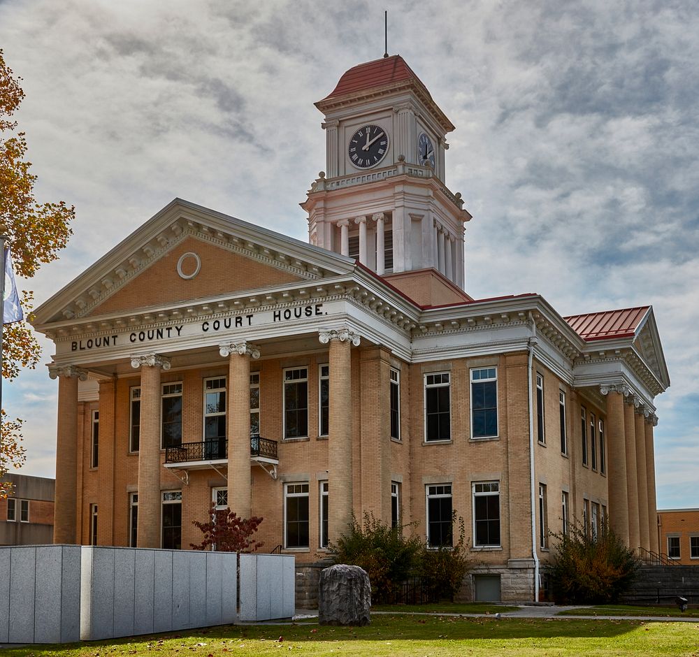                         The 1907 yellow-brick, Classic Revival-style Blount County Courthouse in Maryville, a small college…