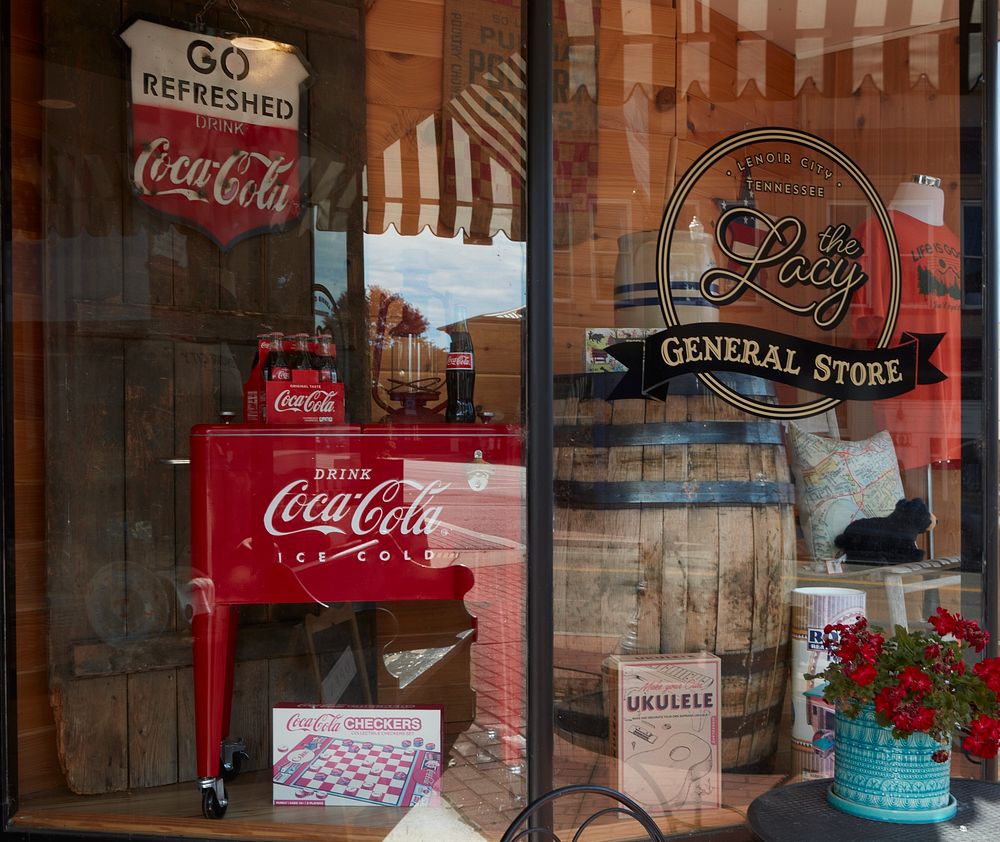                         Store window in downtown Lenoir City, a small city in Tennessee, southwest of larger Knoxville      …