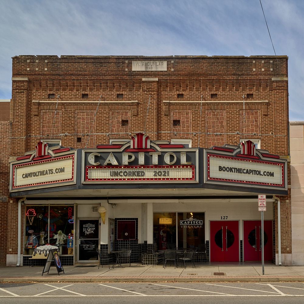                         Entrance and marquee of the Capitol Theatre, now (as of 2021) a wedding venue in Maryville, a small…
