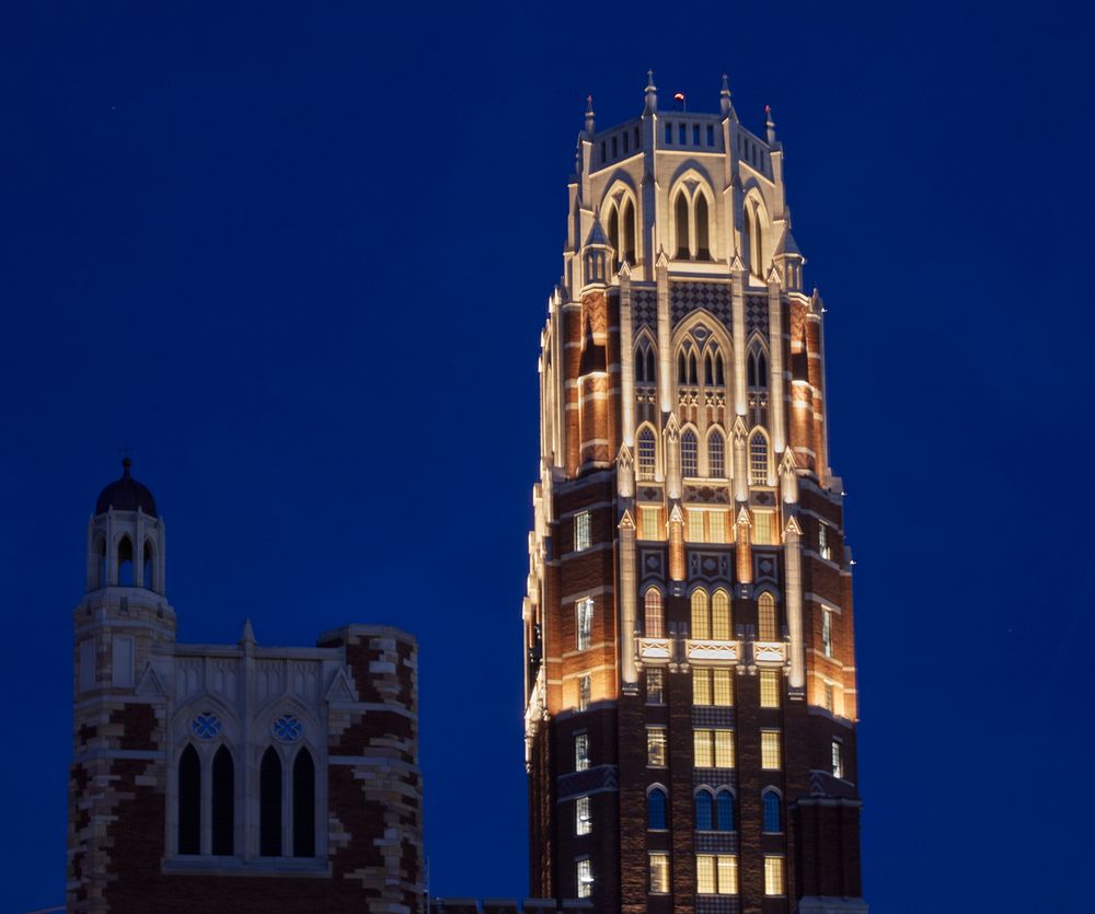                         Dusk view of the 310-foot-high tower, viewed at dusk, that serves as the dormitory home of 335…
