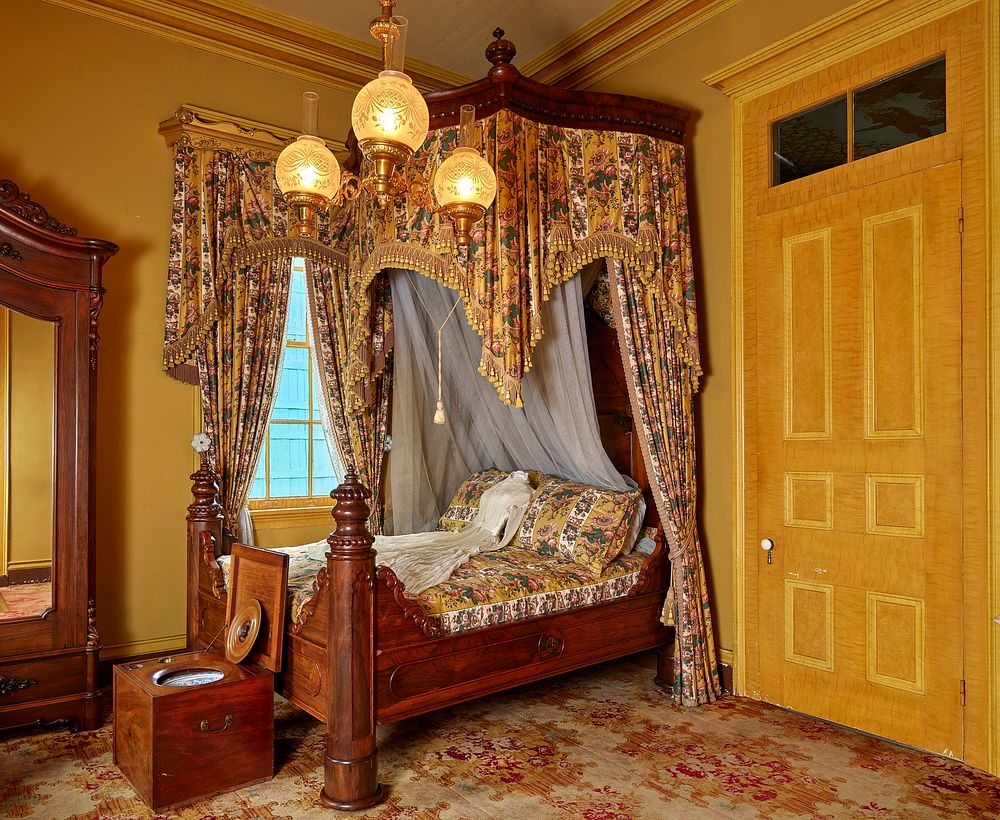                         A richly decorated bedroom at San Francisco Plantation house, built in the 1850s on land now (as of…