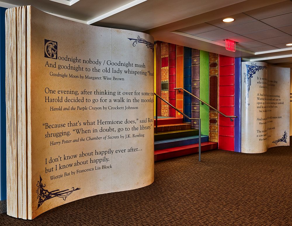                         A lower-level corridor wall of the Kansas City Central Library, the main downtown library in…