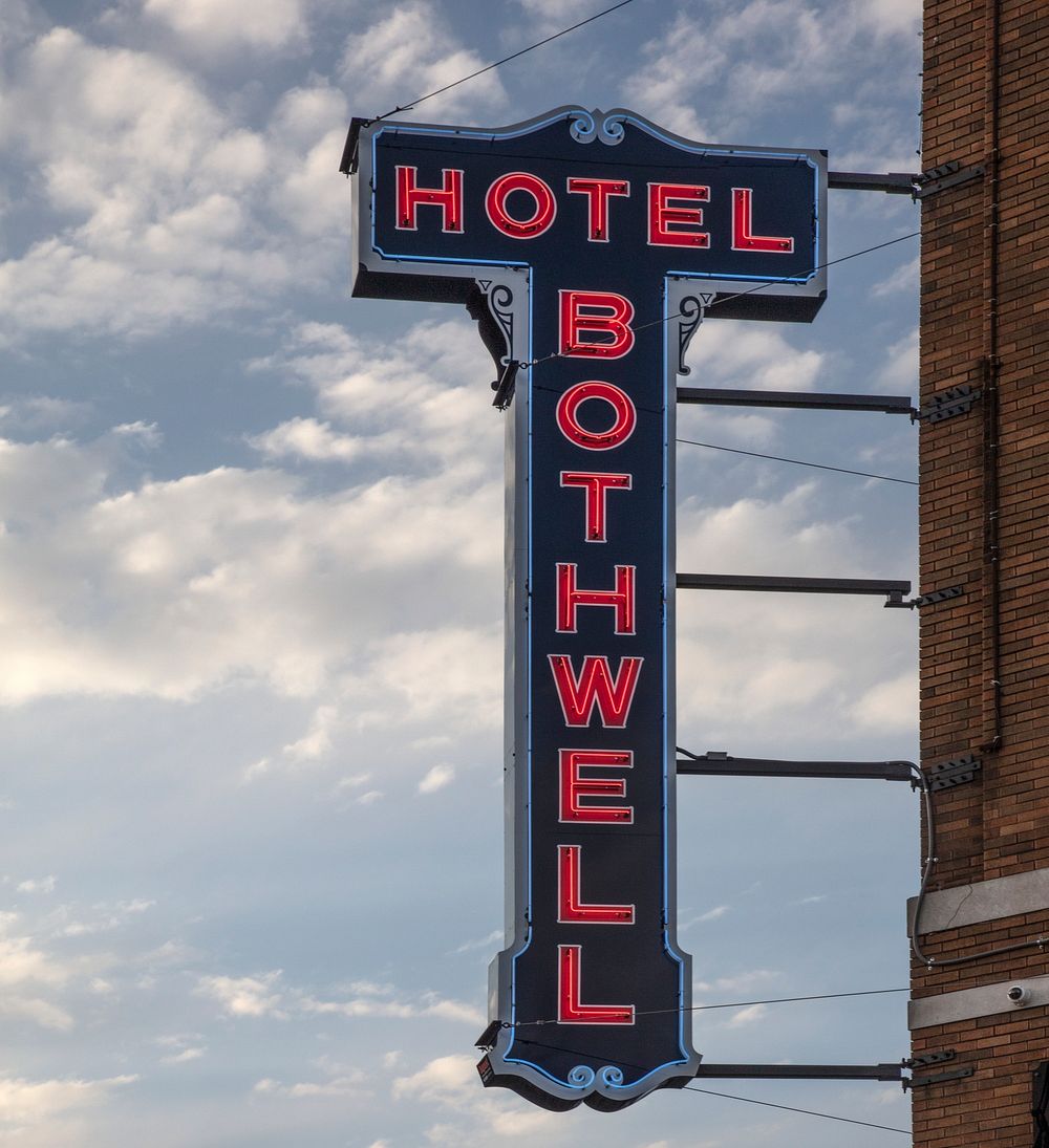                         Neon sign for the historic Bothwell Hotel and Spa, built in 1927 in Sedalia, Missouri               …