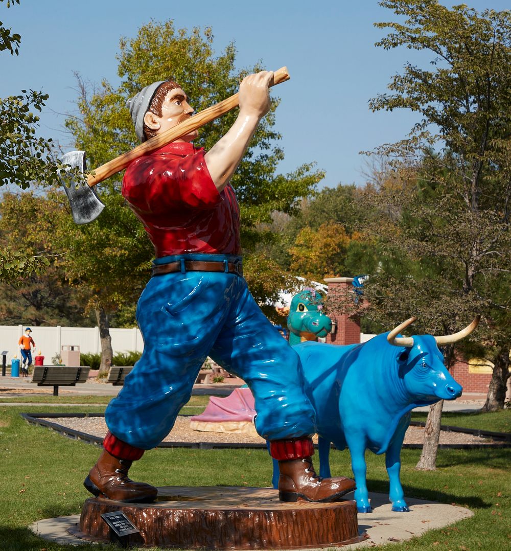                         Depiction of the legendary giant woodsman Paul Bunyan and his blue ox, Babe, at Storybook Land, a…
