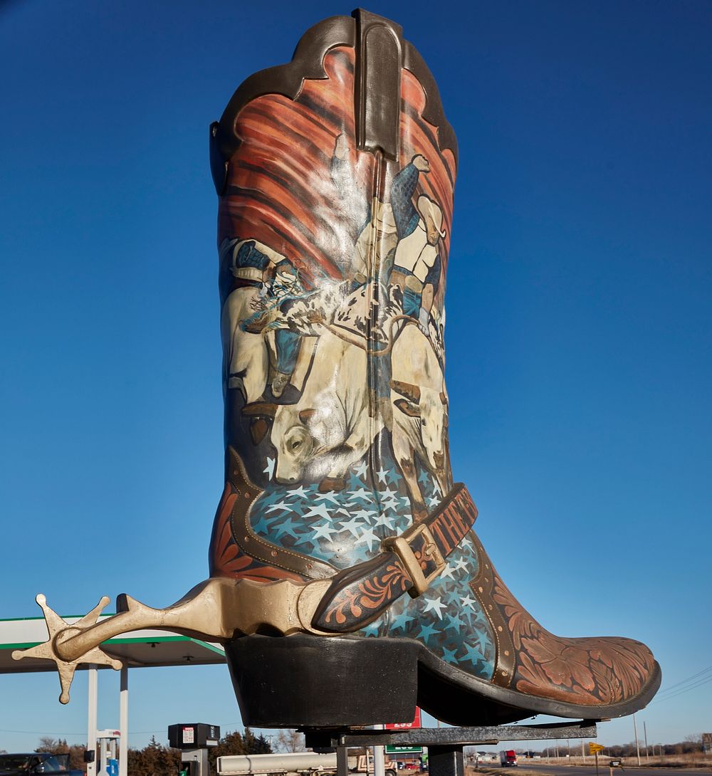                         A giant boot on a pole outside a convenience store in Columbus, Nebraska                        