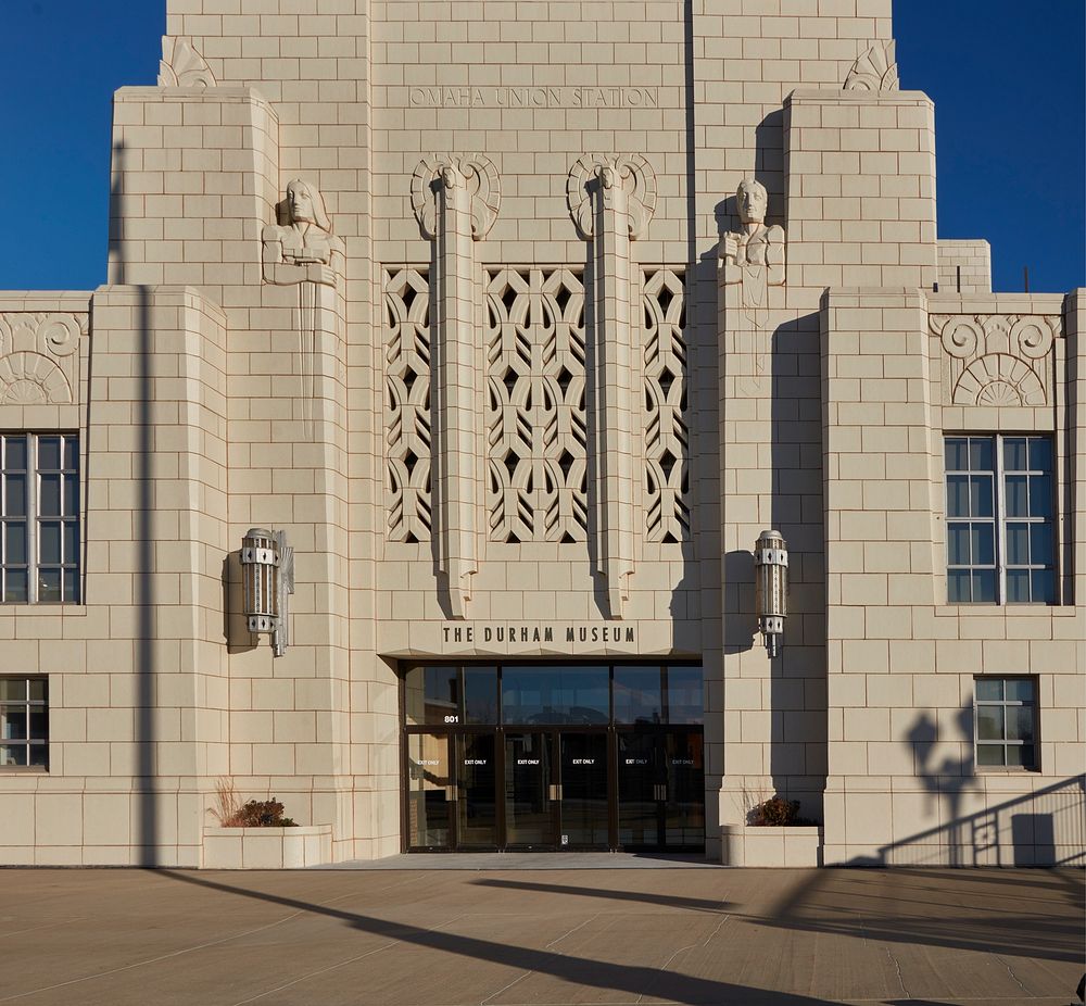                         Street entrance of the Durham Museum in Omaha, Nebraska's largest city, housed in the classic art…