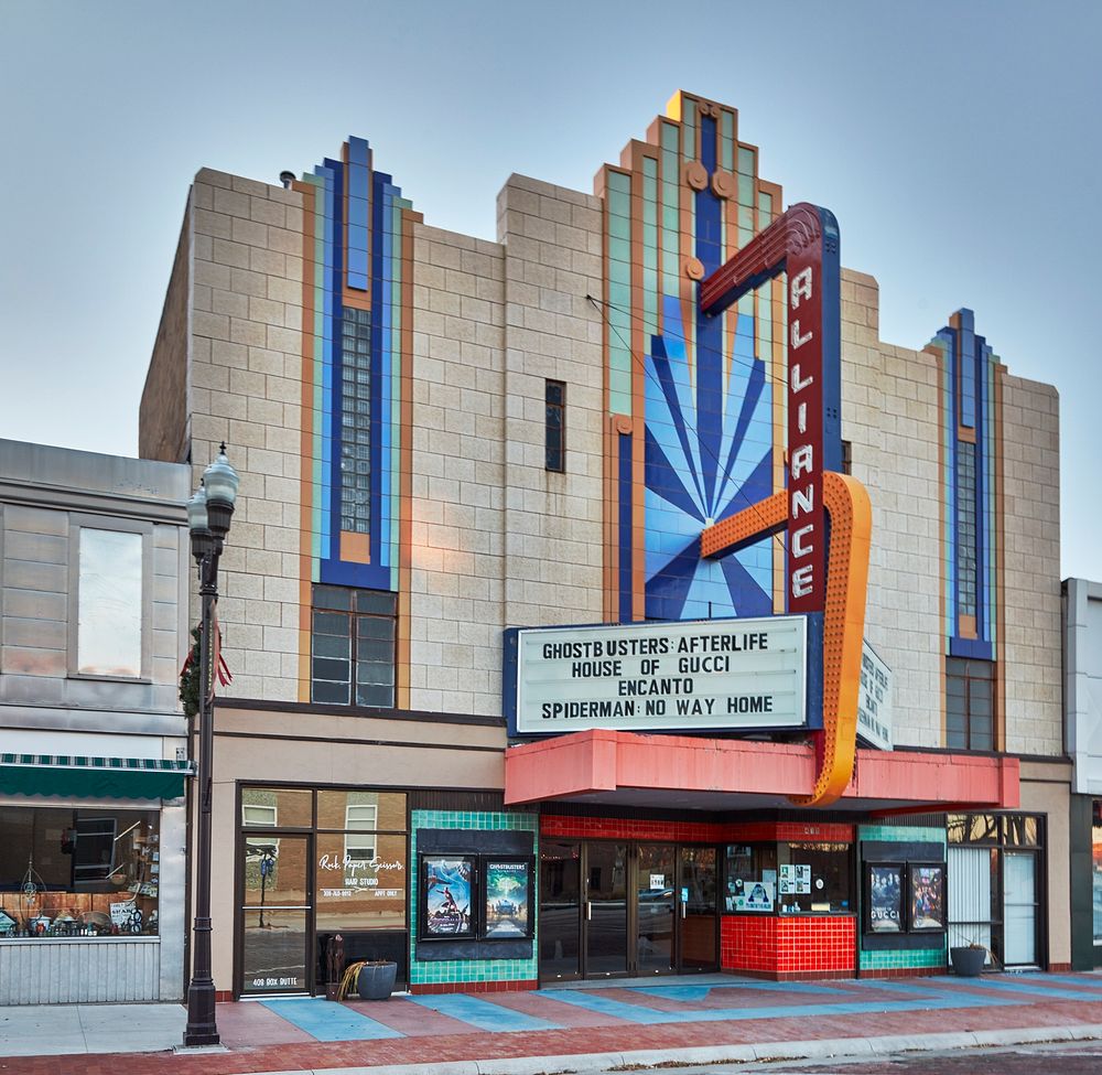                         The colorful Art-moderne-style marquee of the Alliance Theatre, which opened in 1937 as the…
