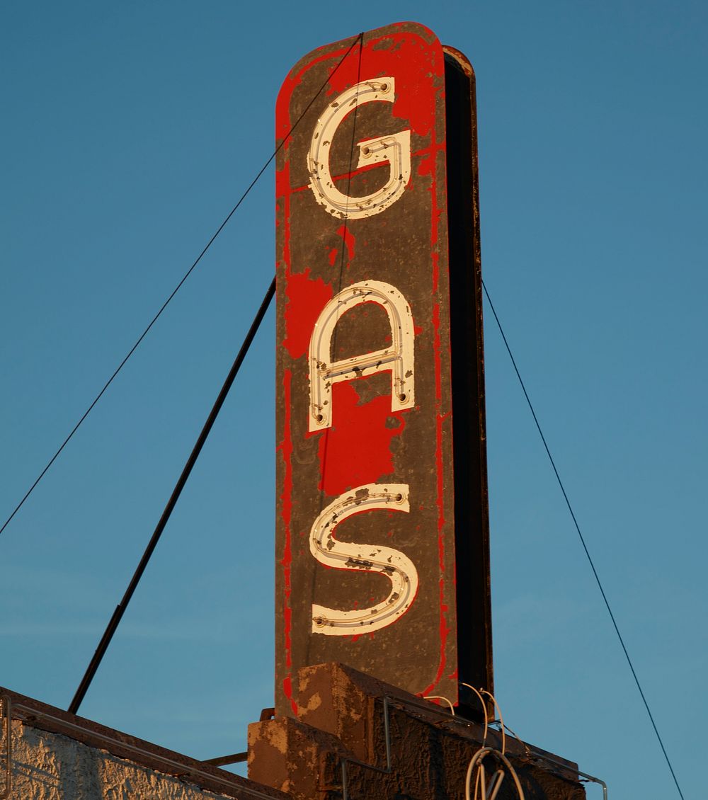                         "Gas" sign above the 1936-vintage Kensinger service station, still operating in Grand Island…