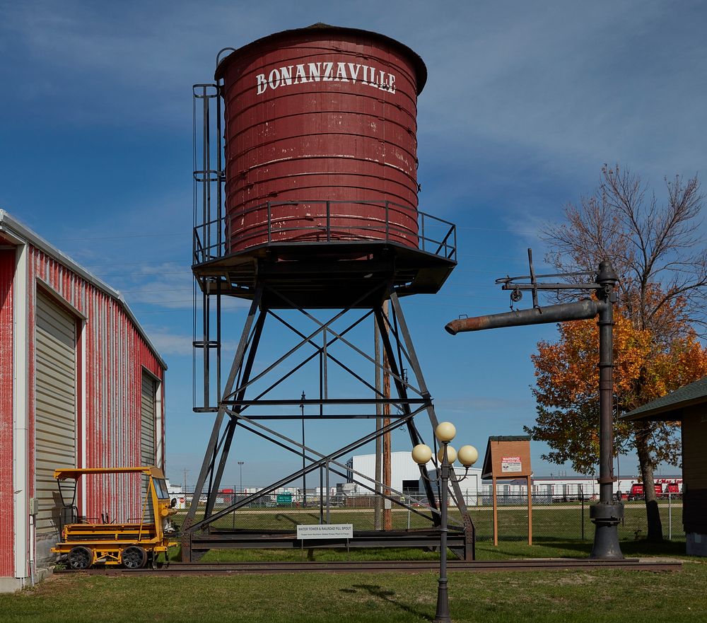                         Imposing water tower at Bonanzaville, an outdoor history museum of the Cass County Historical…