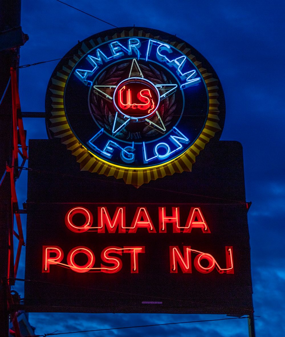                         Dusk shot of the neon sign outside the American Legion Post 1, the first post of the veterans'…